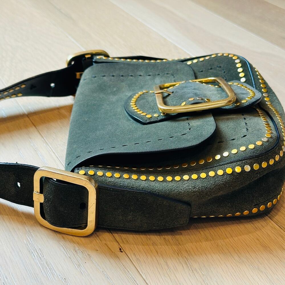 Tory Burch Sawyer Small Suede Shoulder Bag Green Gold Stud Buckle Purse - Picture 7 of 11